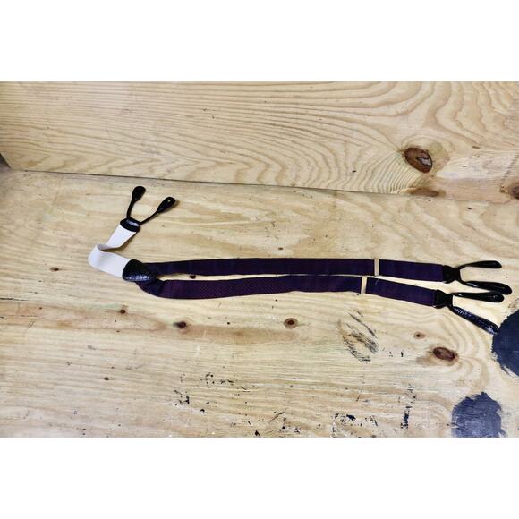 Trafalgar Silk Blue Red Striped Suspenders 1.375" Wide Black Leather Attachments - Picture 2 of 9